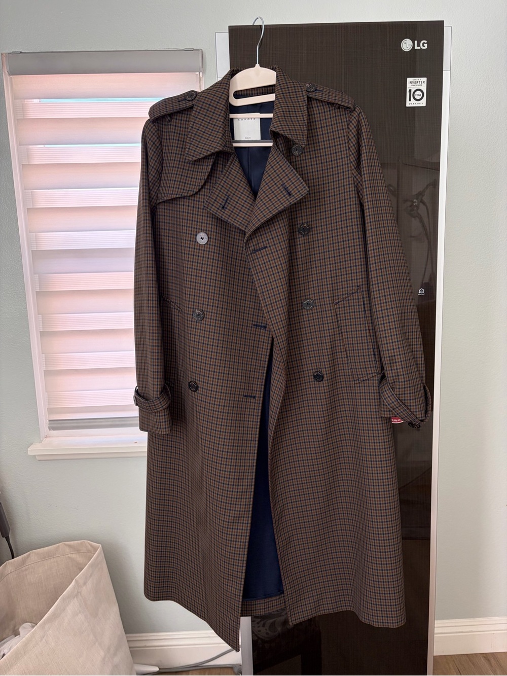 Sandro Brown Check Double-Breasted Trench Coat with Navy Lining